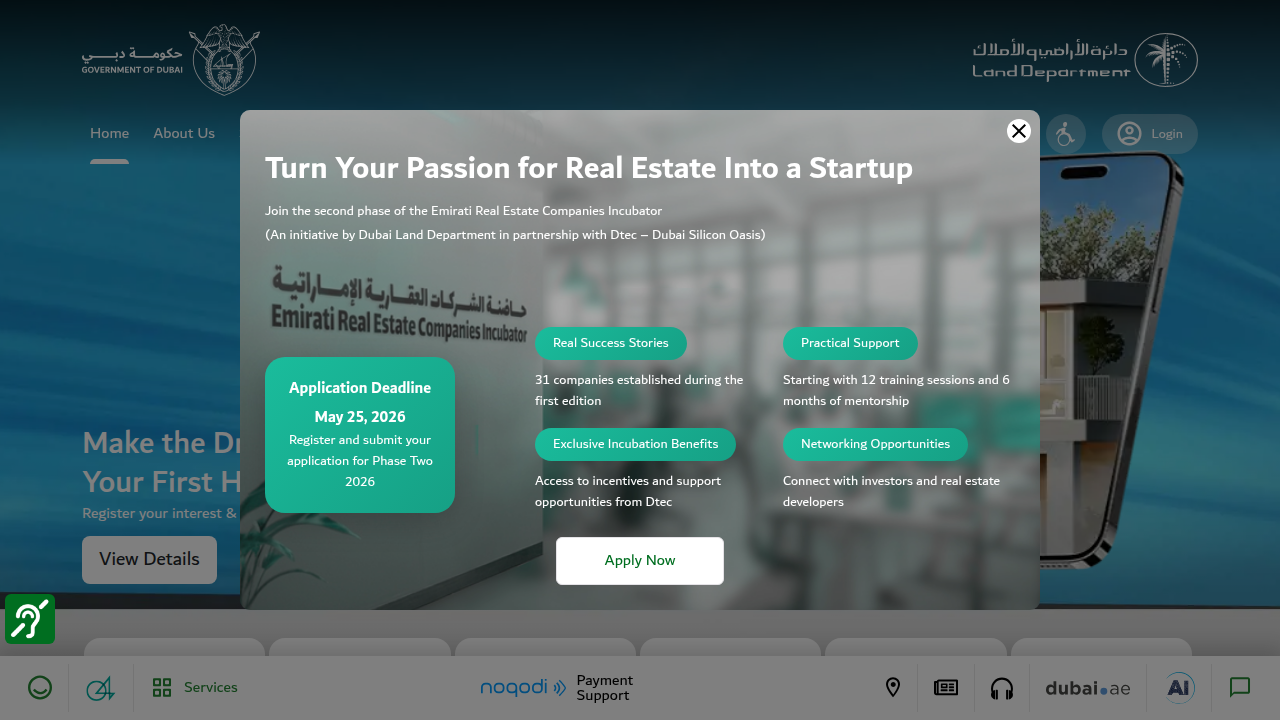 Screenshot of the Dubai Land Department's official website, a key source for property data in Dubai.