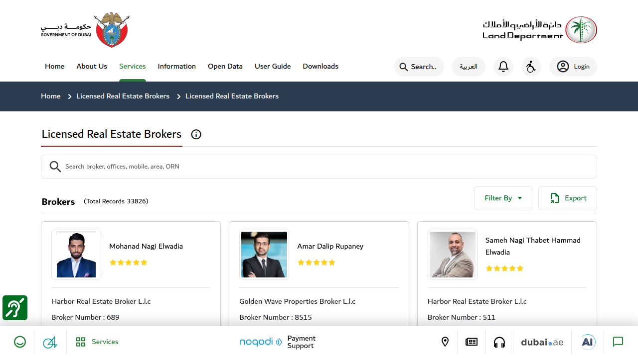 Access the official Dubai Land Department portal to verify licensed real estate brokers.