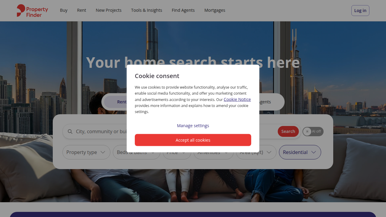 Screenshot of Property Finder UAE, a leading real estate portal for verifying agent licenses and checking reviews.