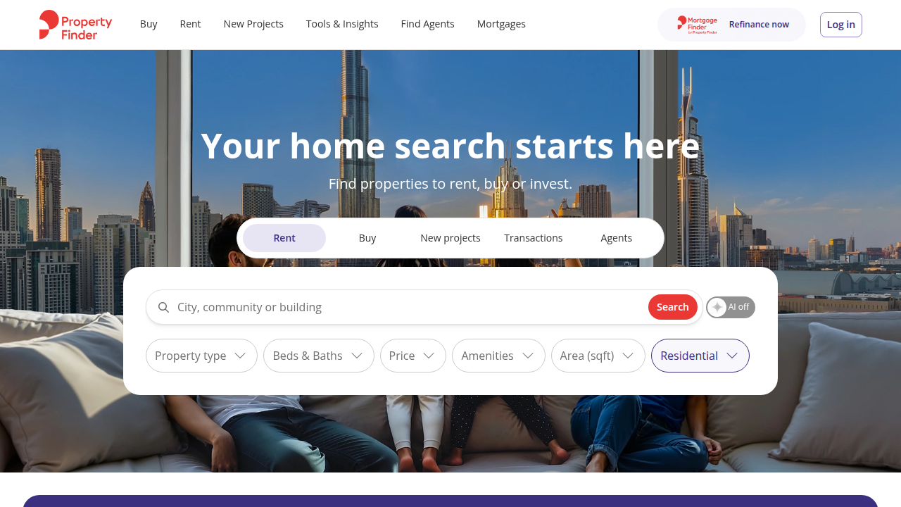 The Property Finder website, a leading real estate portal in Dubai, offering guides and listings.