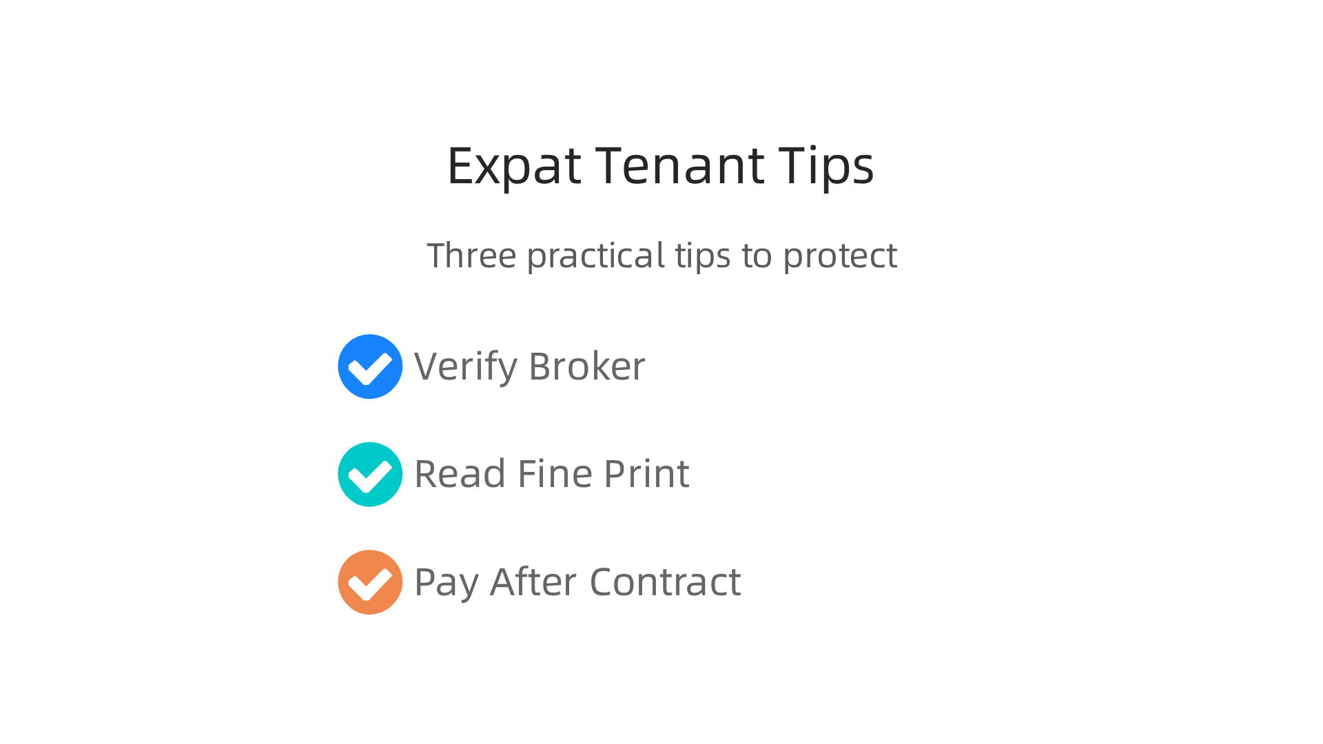 A checklist infographic presenting crucial advice for expatriates navigating the rental market in Dubai, covering verification and payment.