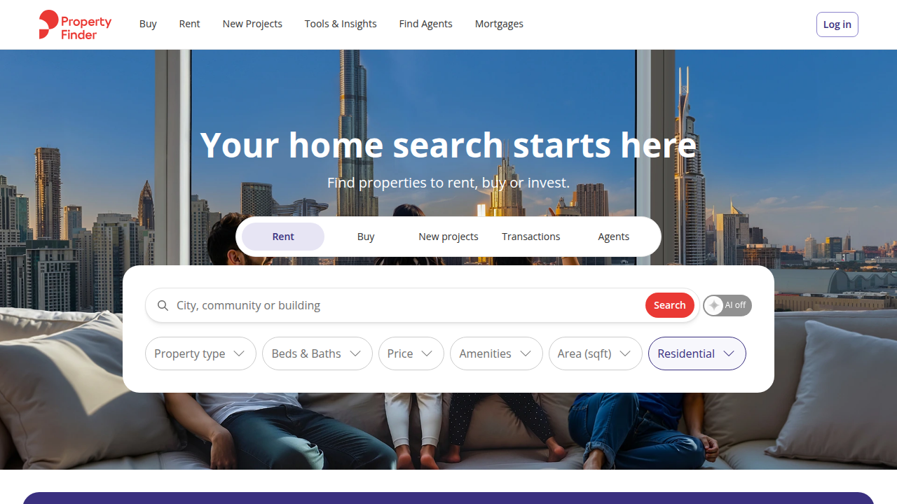 The homepage of Property Finder, a leading real estate portal in Dubai, offering guides and listings for rental properties.
