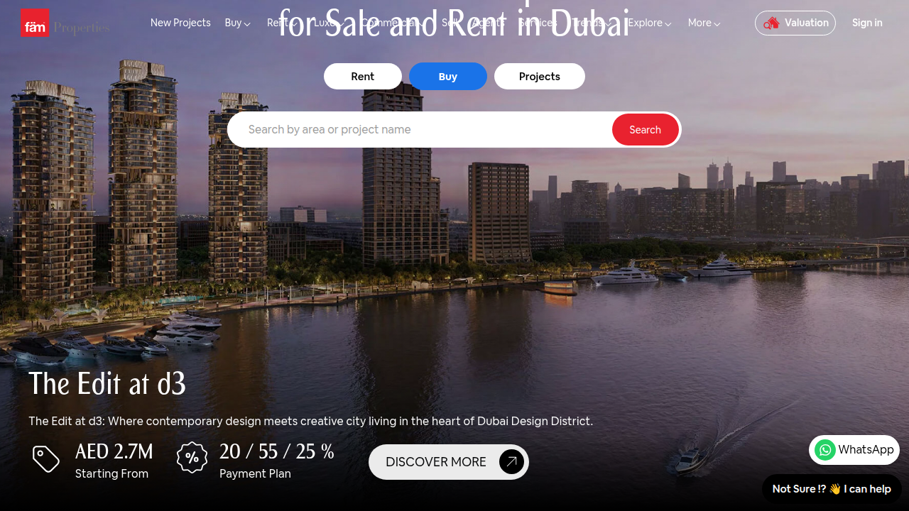 Fam Properties website, offering insights into real estate services and agent commissions in Dubai.